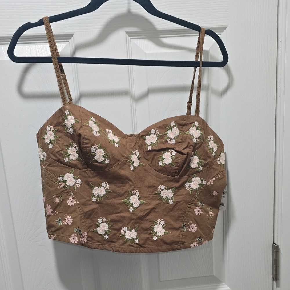 Free People Brown Floral Embroidered Crop Top